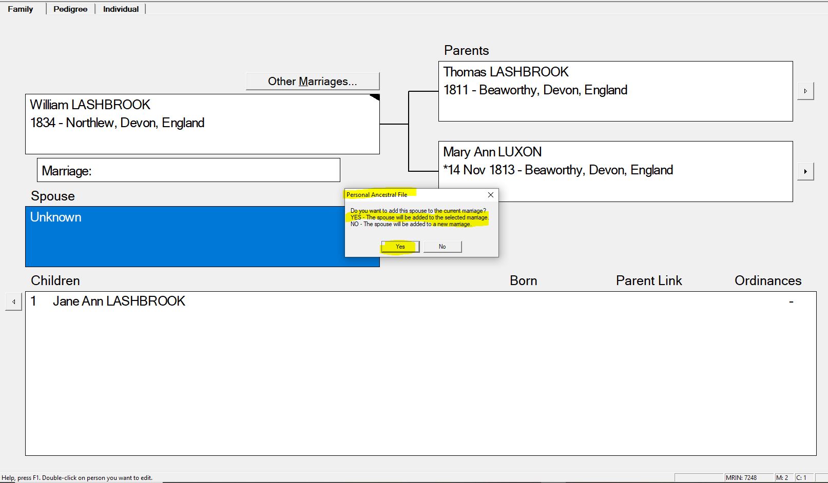 PAF family view showing with the unknown individual selected and the Add or Select Individual pop up open with Add a New Individual highlighted in yellow