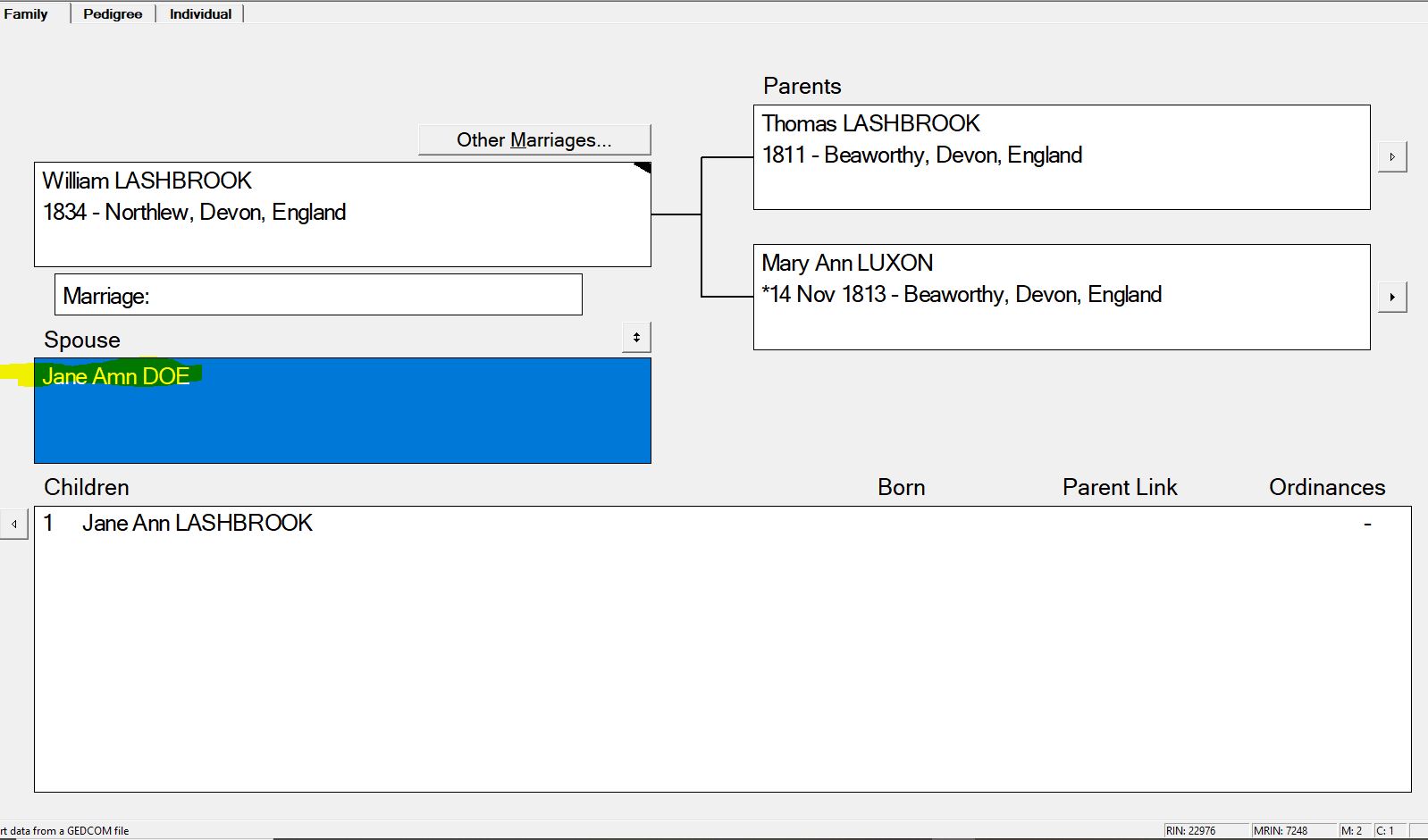 PAF family view showing with the unknown individual selected and the Add or Select Individual pop up open with Add a New Individual highlighted in yellow