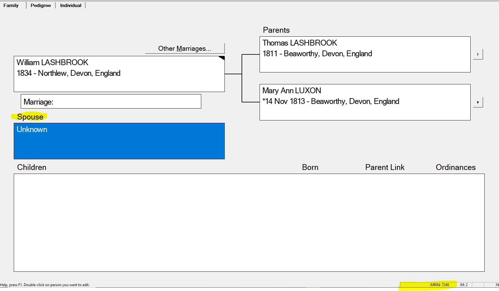PAF family view showing the family of William Lashbrook with an unknown spouse and no children