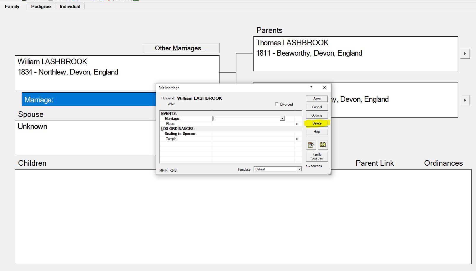 PAF family view showing the Edit Marriage window open and the DELETE button highlighted in yellow.