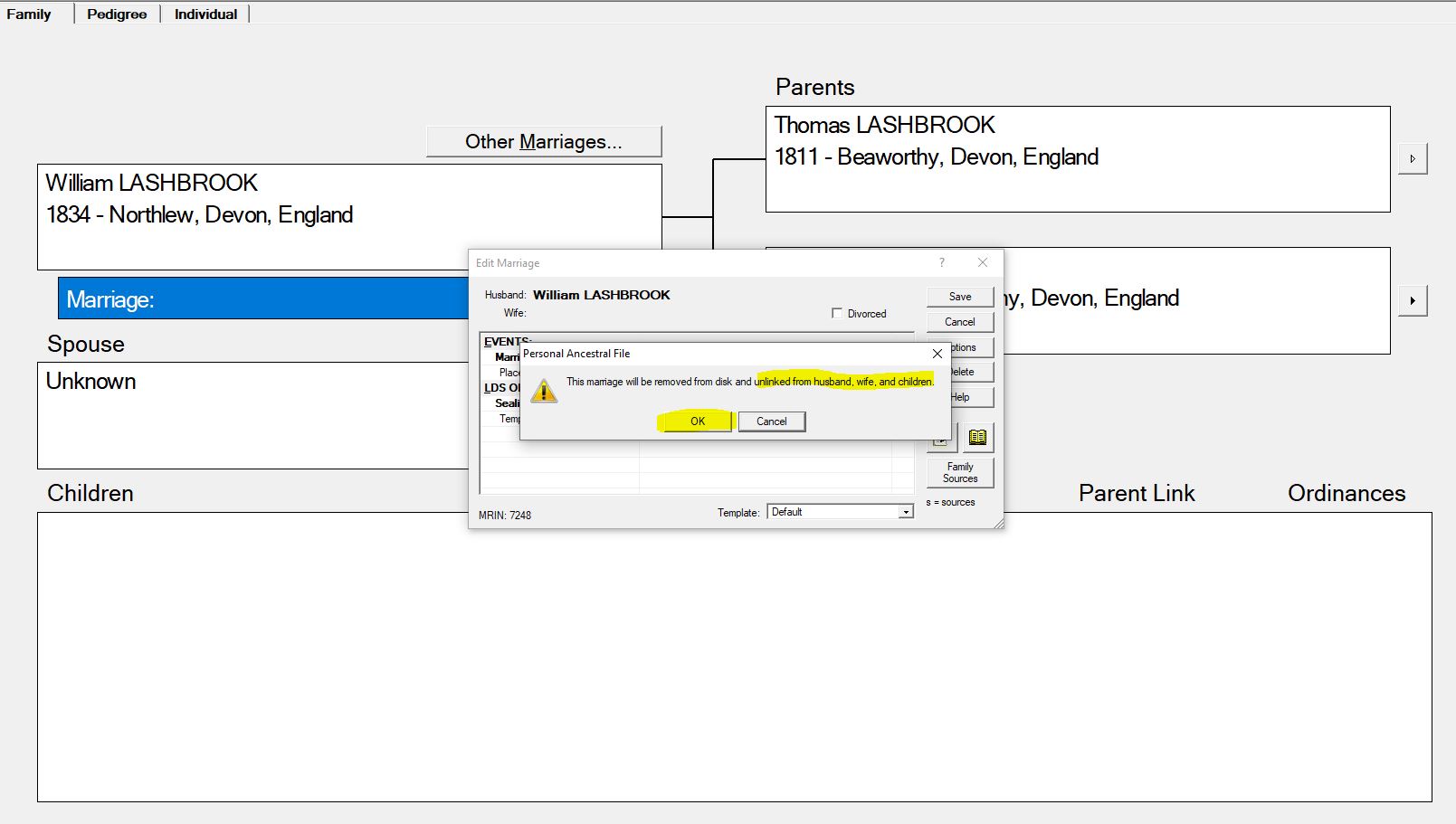 PAF family view showing the Edit Marriage window open and overlayed with another small window asking for confirmation to delete the marriage