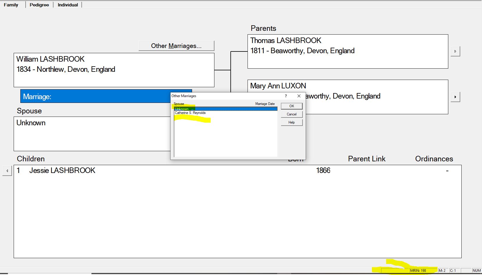 PAF family view showing the Edit Marriage window open and yellow highlighting over the remaininag unknown spouse and over the now removed and missing unknown spouse.  Yellow highlighting is also over the MRIN number in the bottom right-hand corner of the screen