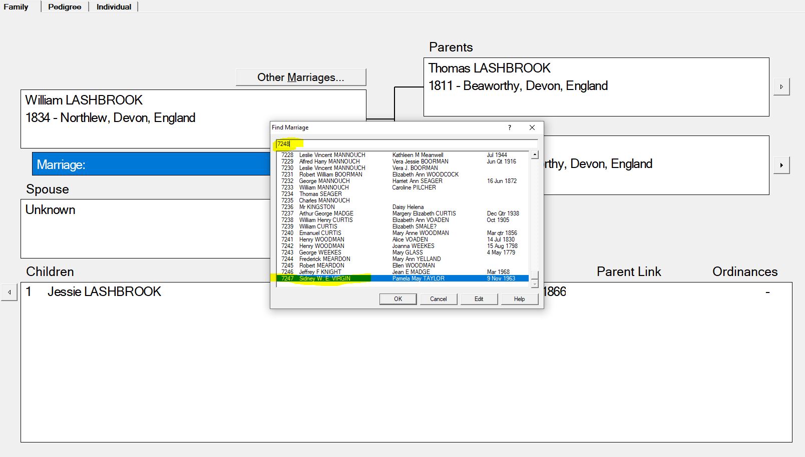 PAF family view showing the Search MRIN window open and highlighted MRIN number in the search bar and the last available MRIN number