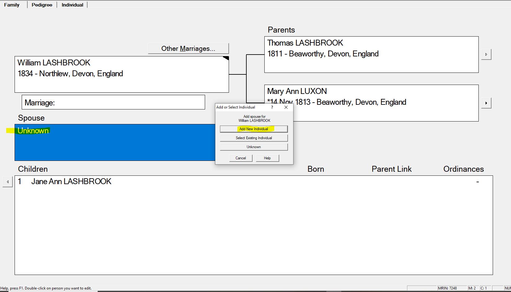 PAF family view showing with the unknown individual selected and the Add or Select Individual pop up open with Add a New Individual highlighted in yellow