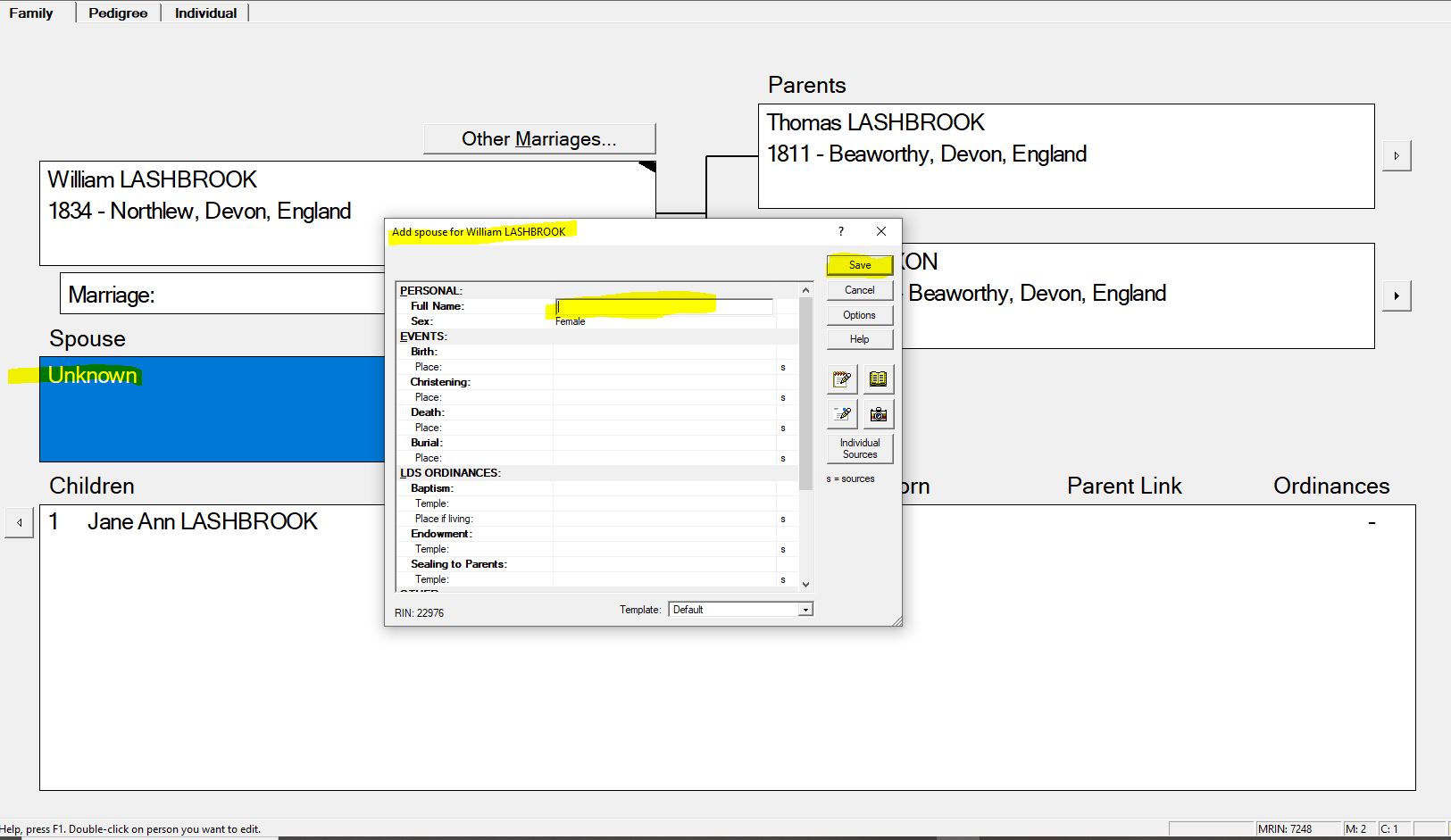 PAF family view showing with the unknown individual selected and the Add or Select Individual pop up open with Add a New Individual highlighted in yellow